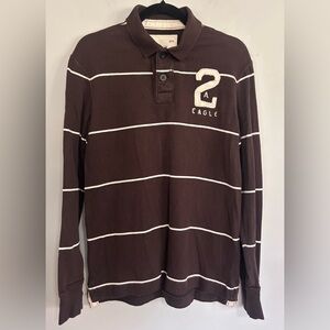 American Eagle Rugby Polo Shirt Brown Stripe Applique 2 Varsity Y2K Preppy M